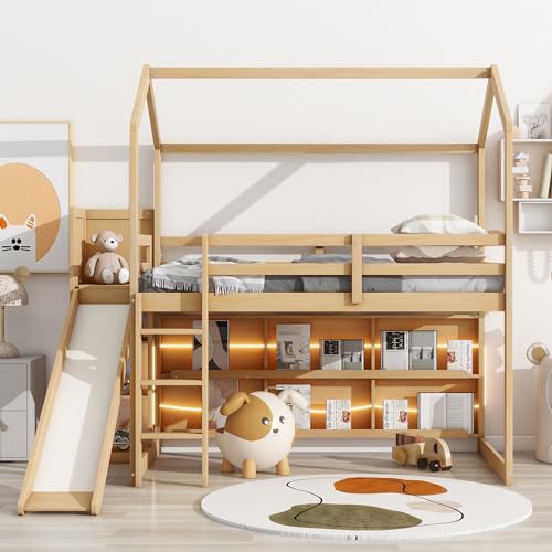 Twin Wood Loft Bed with Slide and Storage Shelves K311663