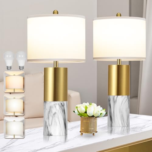 22" Faux Marble Table Lamps Set of 2 with Fabric Shades V8612