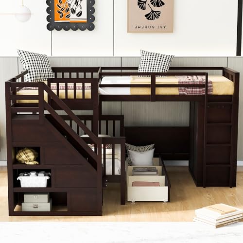 White L-Shaped Triple Bunk Bed with Desk & Stairs J774