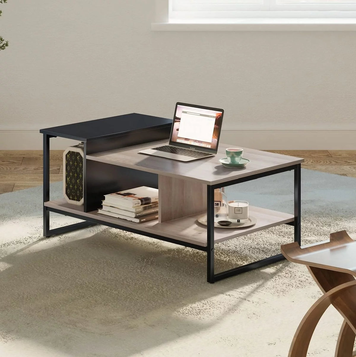 Lift Top Coffee Table with 2-Level Tabletop, Industrial Wood Coffee Table with Metal, 31.5" Z71149