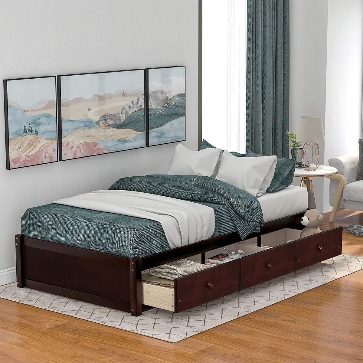 Twin Size Platform Bed Frame with Three Drawers P985