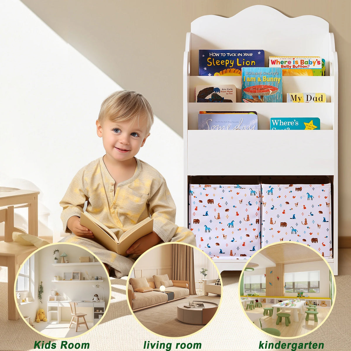 White Wood 4 Tier Kids Bookshelf with Toy Bin A796