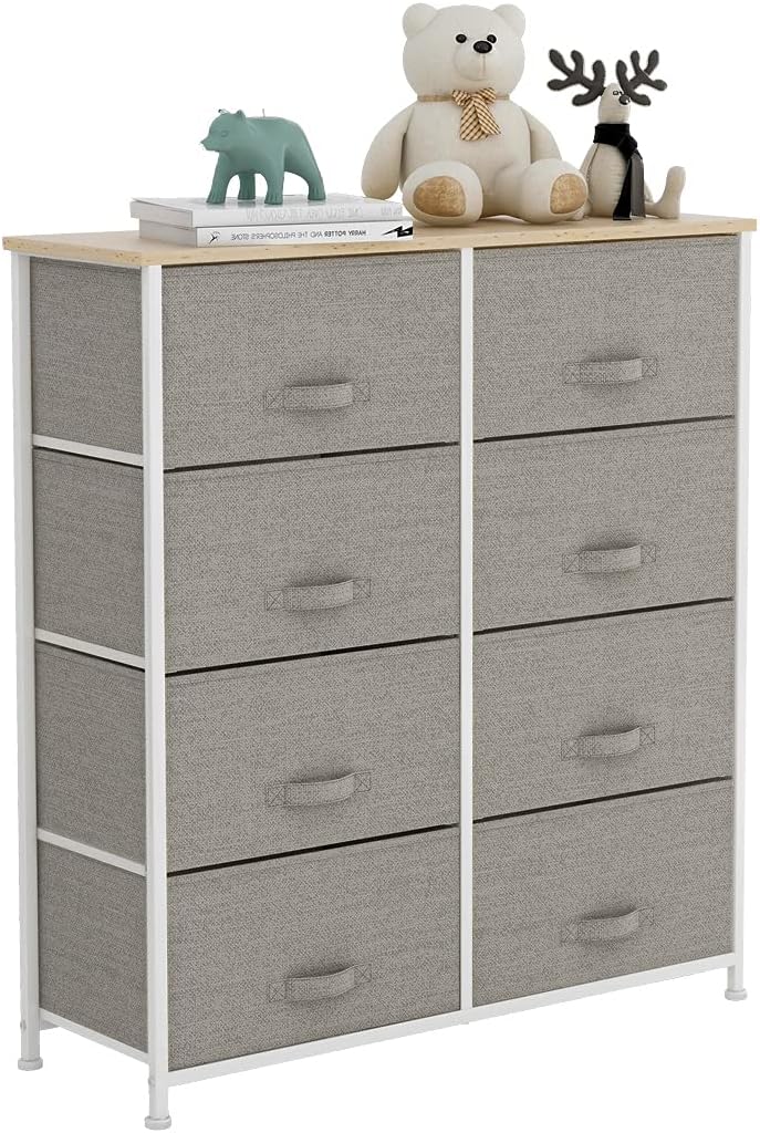 Light grey 8 Drawer Fabric Dresser with Steel Frame and Wooden Top M9995
