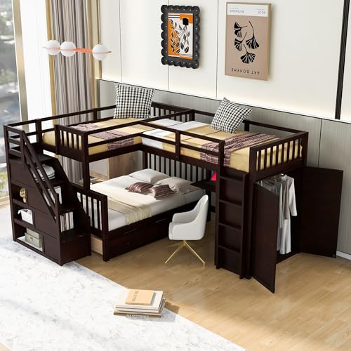 White L-Shaped Triple Bunk Bed with Desk & Stairs J774