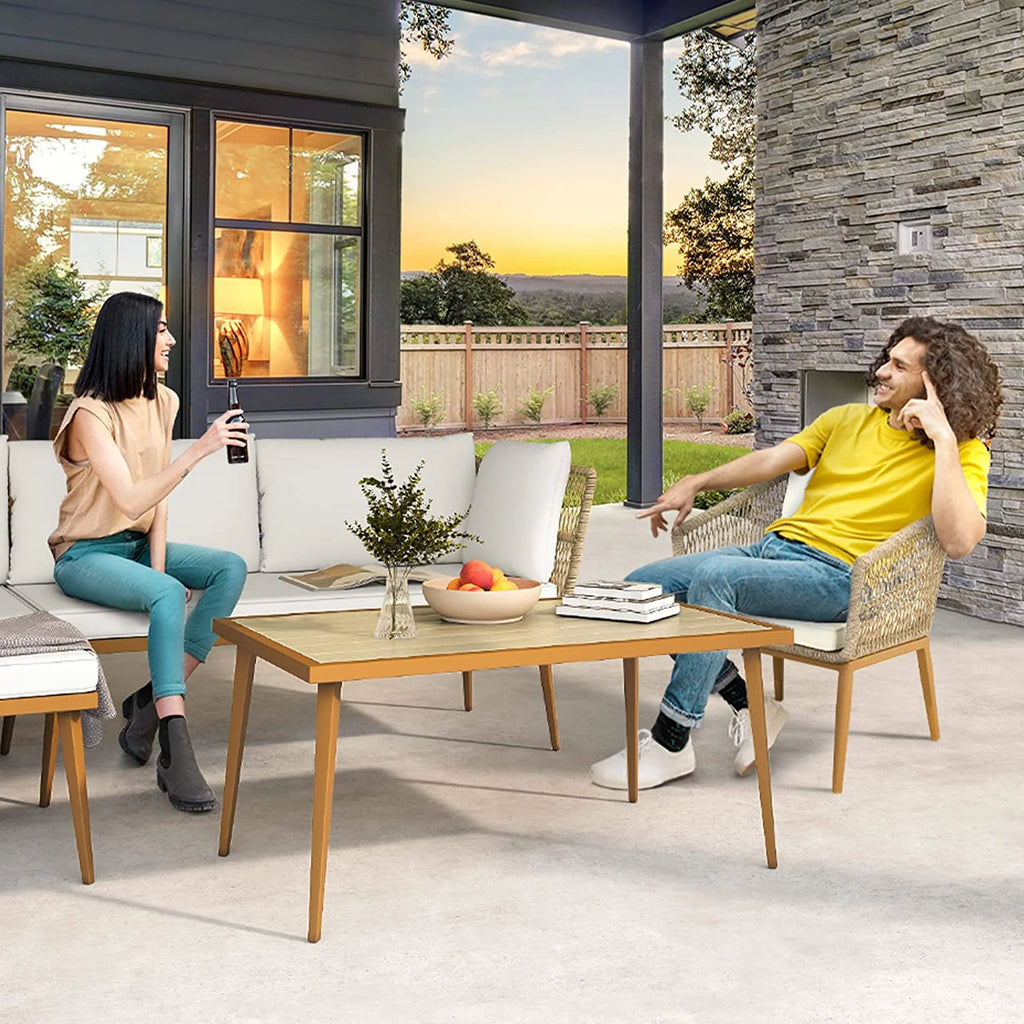 3 Pieces Rattan Woven L-Shaped Sofa with Cushions and Side Table J910