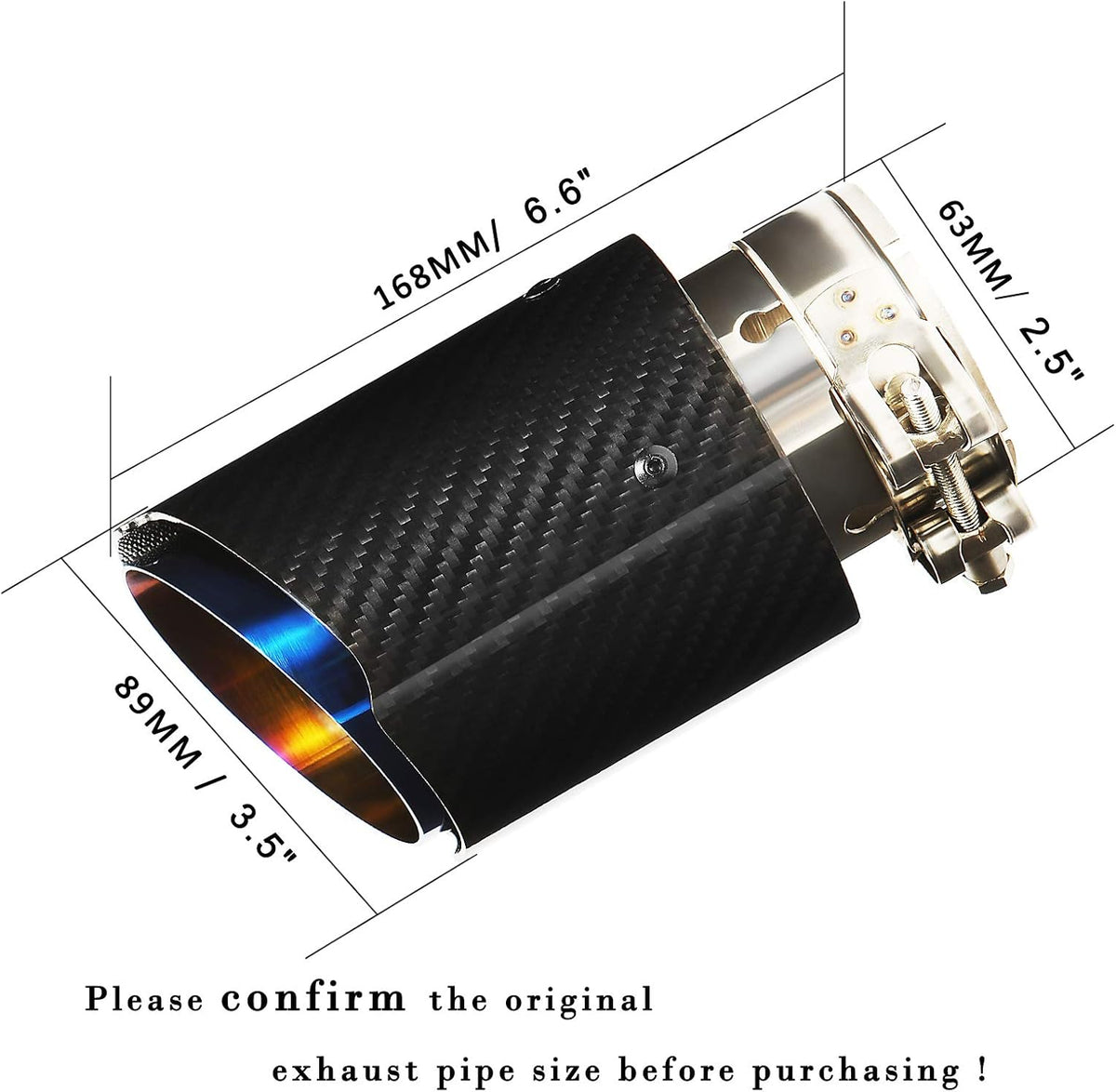 2.5 Inlet Exhaust Tip Muffler Stainless Steel and Glossy Carbon Fiber Car Tail Pipe, Outlet 89mm Pack of 2 O389484