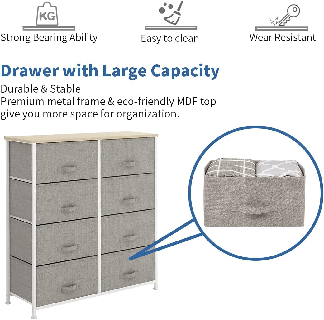 Light grey 8 Drawer Fabric Dresser with Steel Frame and Wooden Top M9995