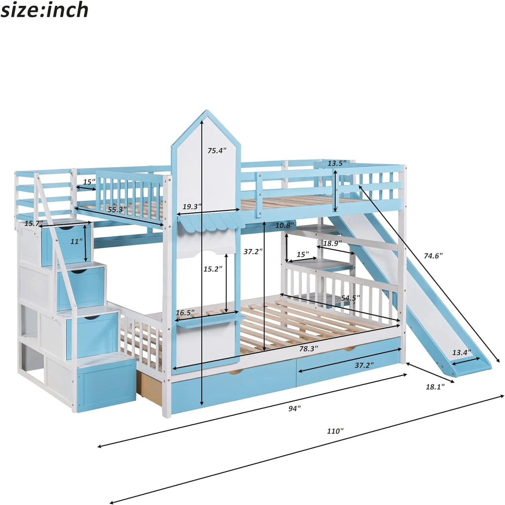 Full Over Full Wooden Bunk Bed with Slide Storage Drawers Shelves Blue K648137