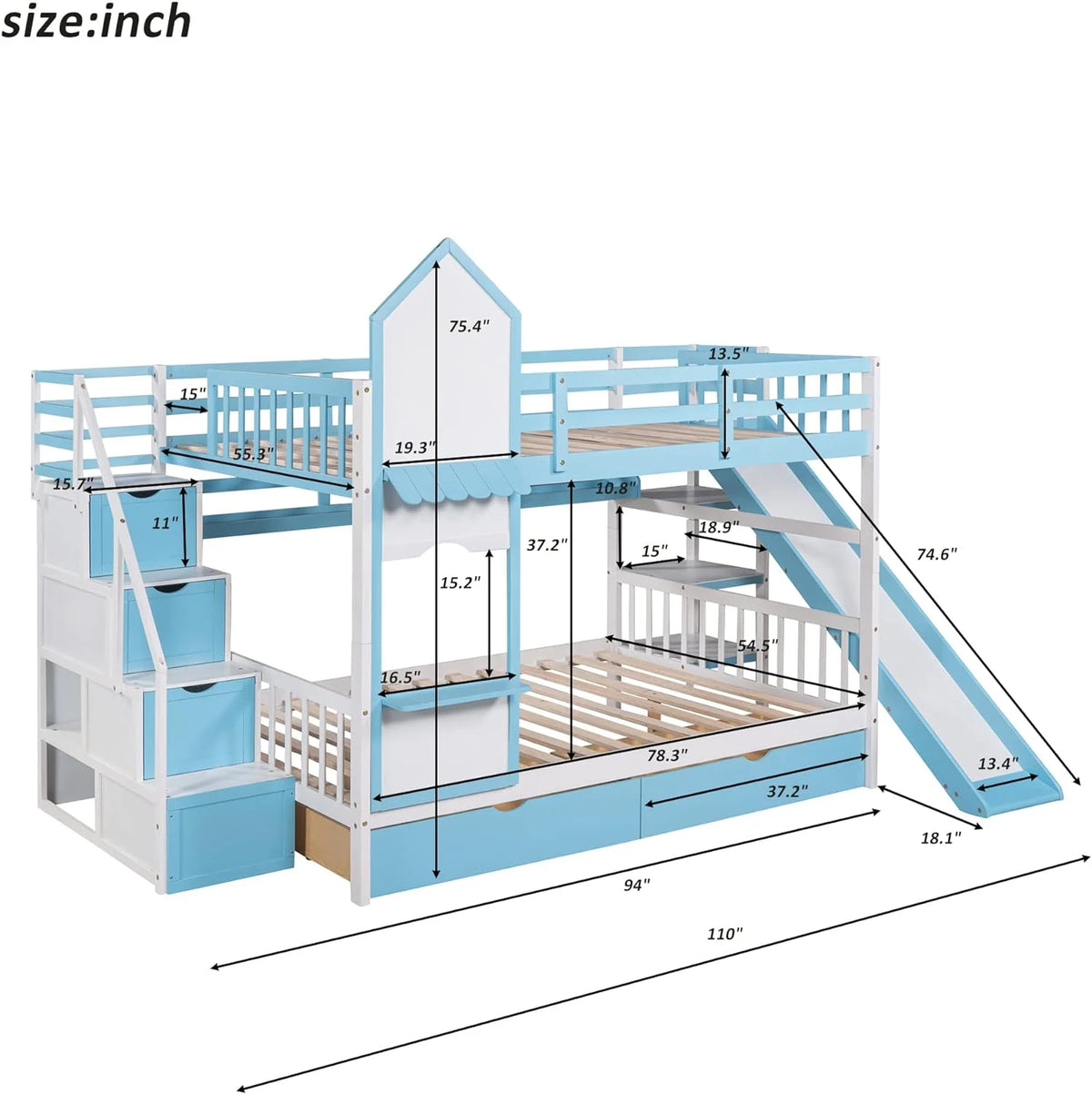 Full Over Full Wooden Bunk Bed with Slide Storage Drawers Shelves Blue K648137